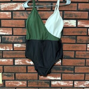 Kona Sol Green and White Colorblock Swimsuit